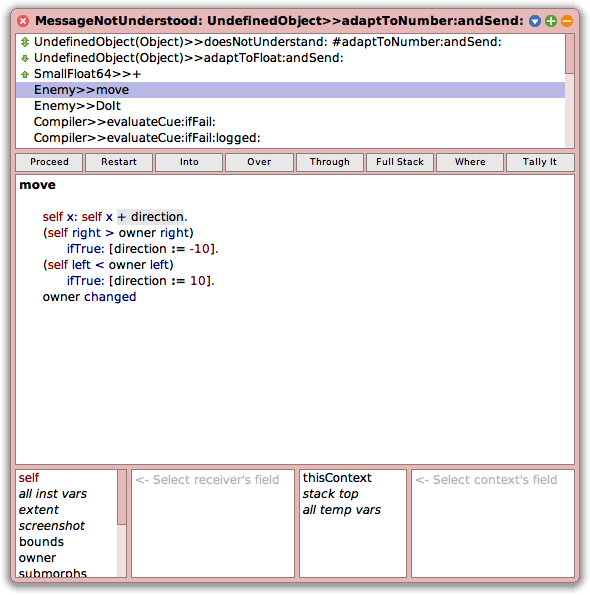 Debugger on Enemy>>move error occurrence